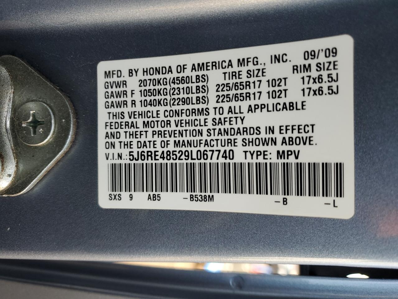 2009 Honda CR-V VIN 5J6RE48529L067740 Copart auction photo, minor dent/scratches damage thumbnail 13
