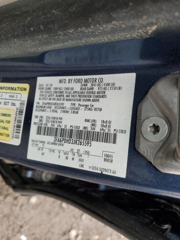 2018 Ford Fusion VIN 3FA6P0HD3JR265595 Copart auction photo, side / rear end damage thumbnail 14