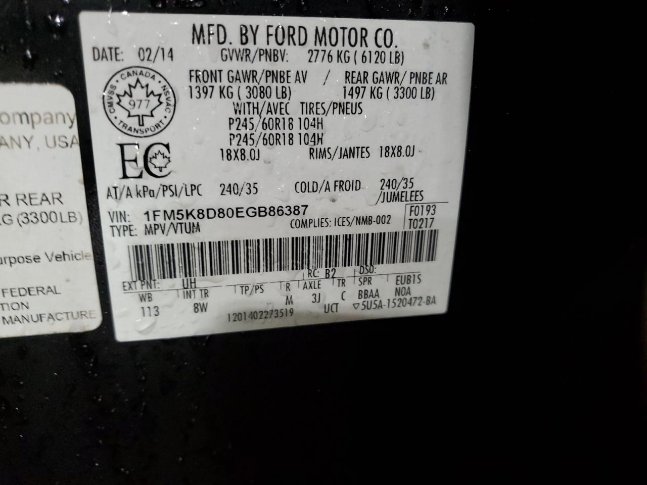 2014 Ford Explorer VIN 1FM5K8D80EGB86387 Copart auction photo, front end damage thumbnail 14