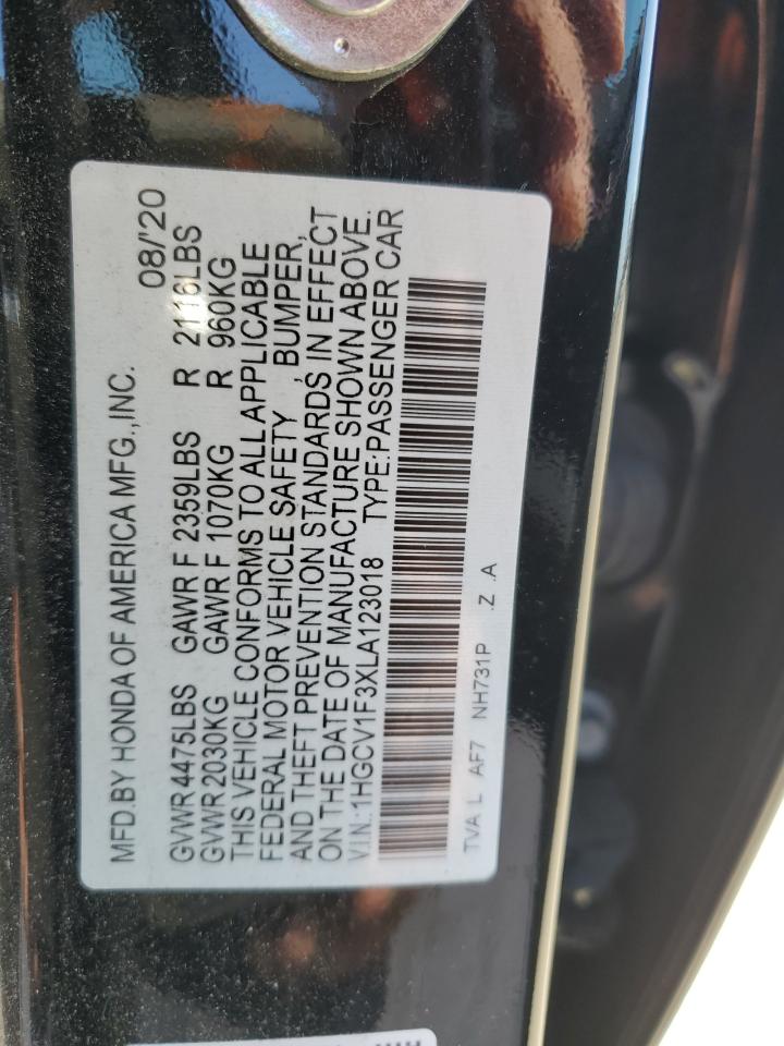2020 Honda Accord VIN 1HGCV1F3XLA123018 Copart auction photo, front end damage thumbnail 15