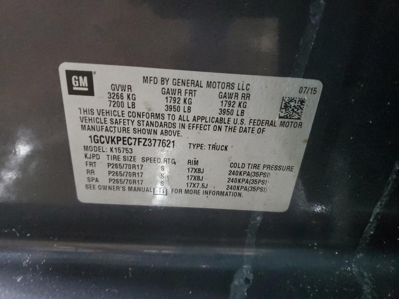 2015 Chevrolet Silverado VIN 1GCVKPEC7FZ377621 Copart auction photo, rear end / minor dent/scratches damage thumbnail 12