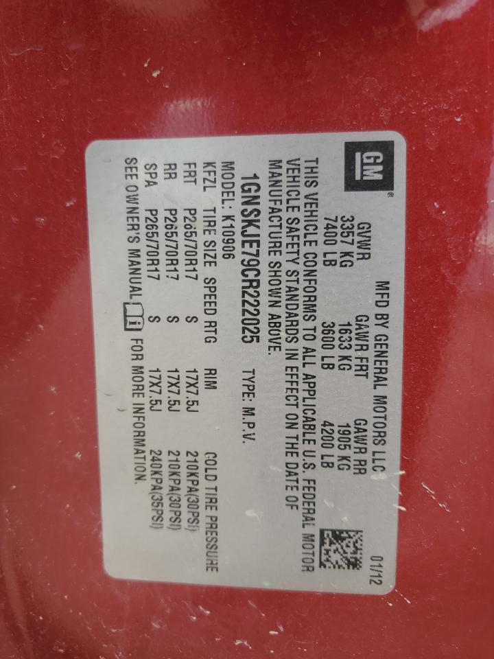 2012 Chevrolet Suburban VIN 1GNSKJE79CR222025 Copart auction photo, rollover damage thumbnail 14