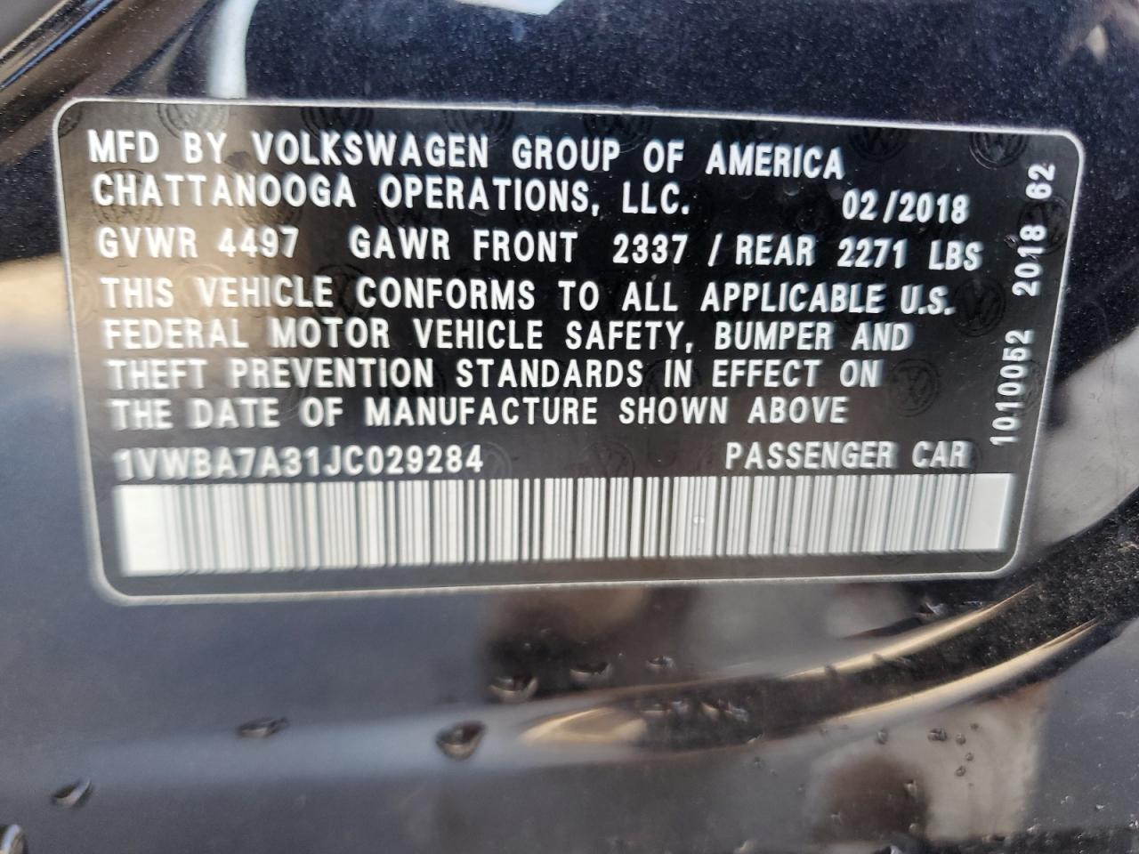2018 Volkswagen Passat VIN 1VWBA7A31JC029284 Copart auction photo, front end damage thumbnail 14