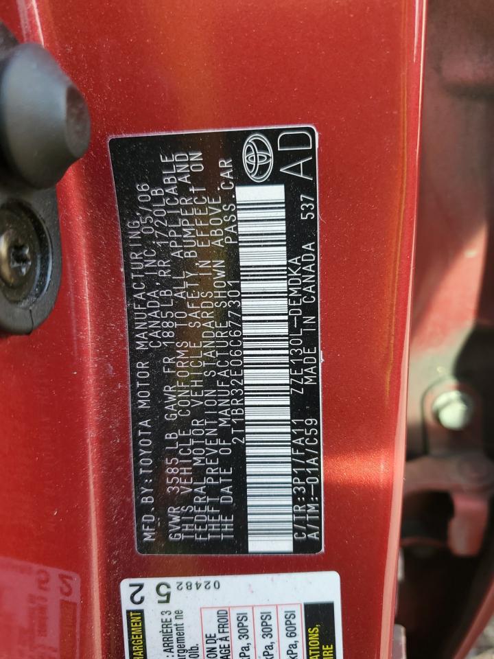 2006 Toyota Corolla VIN 2T1BR32E06C677301 Copart auction photo, front end damage thumbnail 12