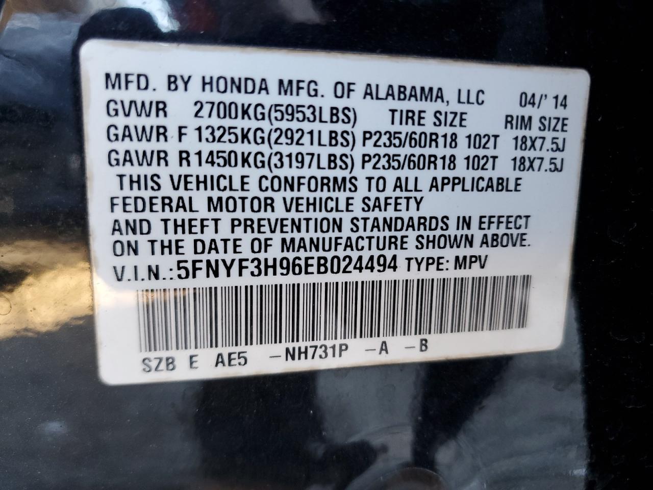 2014 Honda Pilot VIN 5FNYF3H96EB024494 Copart auction photo, front end / minor dent/scratches damage thumbnail 13