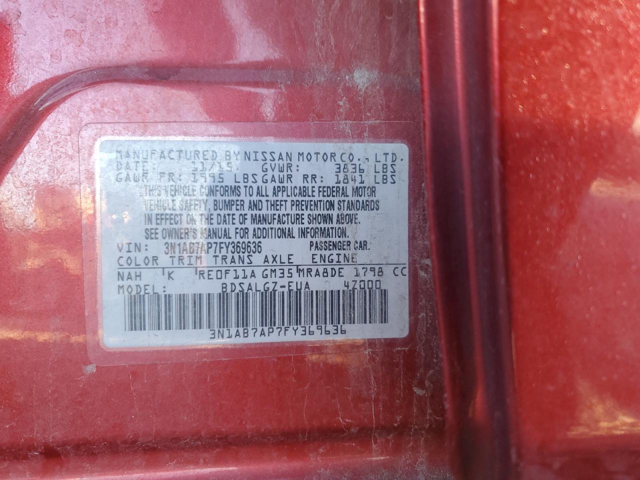 2015 Nissan Sentra VIN 3N1AB7AP7FY369636 Copart auction photo, rear end / front end damage thumbnail 12