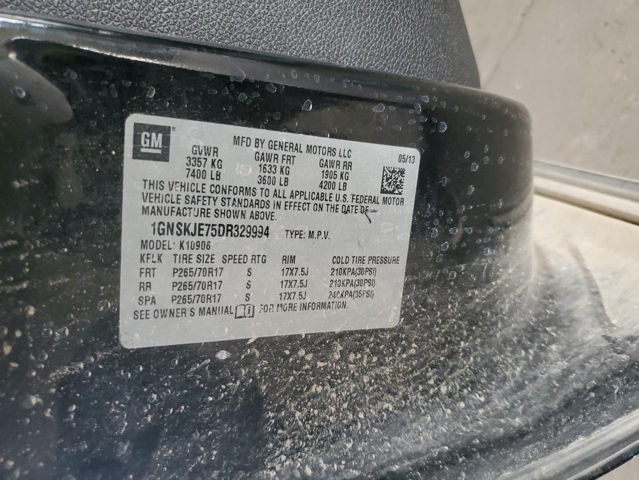 2013 Chevrolet Suburban VIN 1GNSKJE75DR329994 Copart auction photo, front end damage thumbnail 13