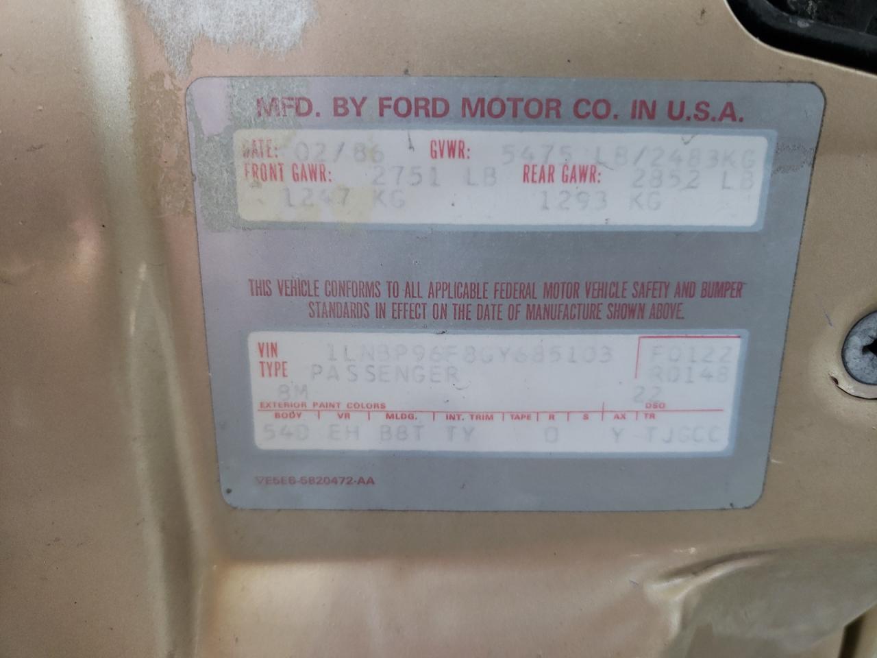1986 Lincoln Town Car VIN 1LNBP96F8GY685103 Copart auction photo, front end damage thumbnail 12