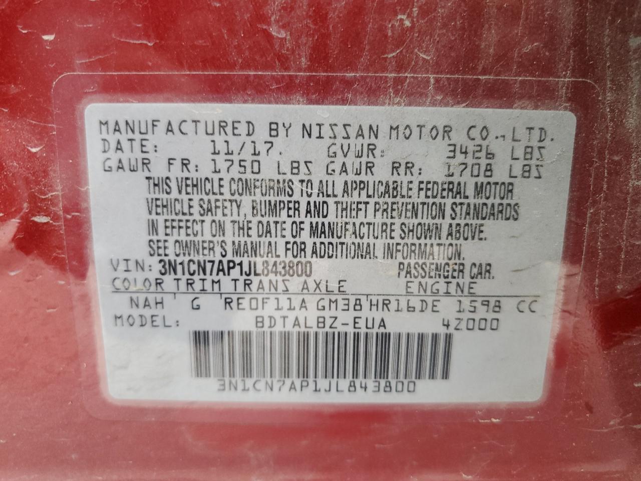2018 Nissan Versa VIN 3N1CN7AP1JL843800 Copart auction photo, front end damage thumbnail 13