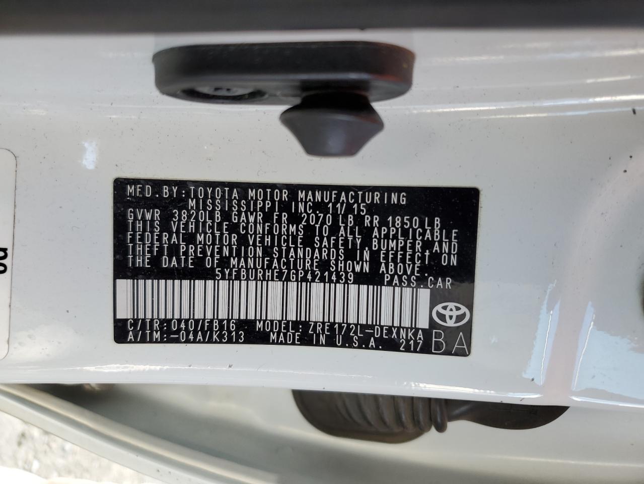 2016 Toyota Corolla VIN 5YFBURHE7GP421439 Copart auction photo, all over / all over damage thumbnail 12