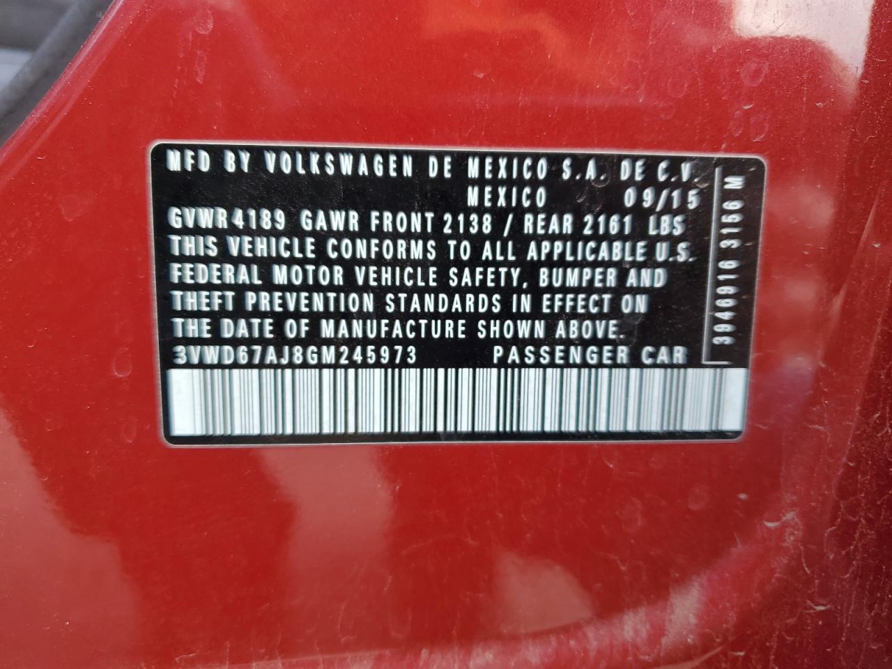 2016 Volkswagen Jetta VIN 3VWD67AJ8GM245973 Copart auction photo, rear end / frame damage damage thumbnail 12