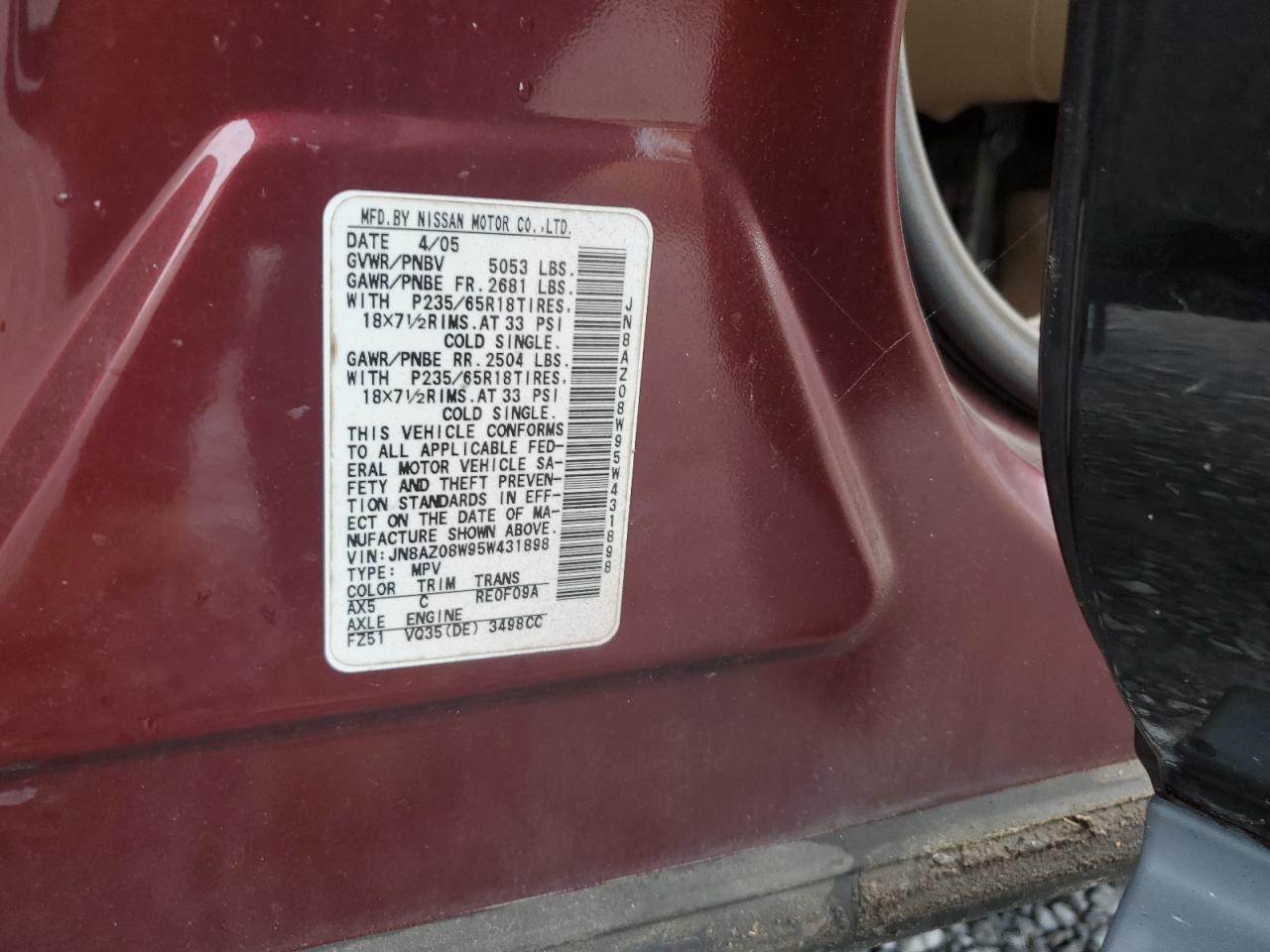 2005 Nissan Murano VIN JN8AZ08W95W431898 Copart auction photo, front end damage thumbnail 15