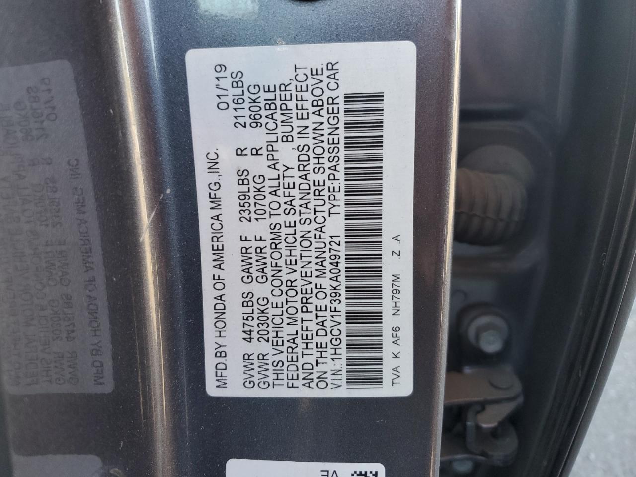 2019 Honda Accord VIN 1HGCV1F39KA049721 Copart auction photo, minor dent/scratches damage thumbnail 14