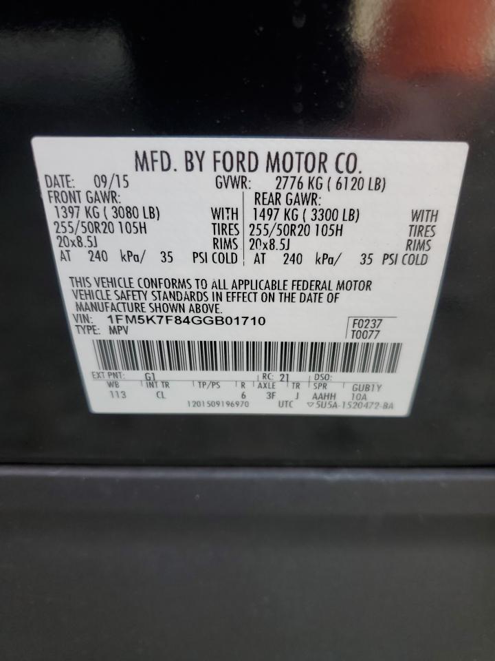 2016 Ford Explorer VIN 1FM5K7F84GGB01710 Copart auction photo, front end / side damage thumbnail 14