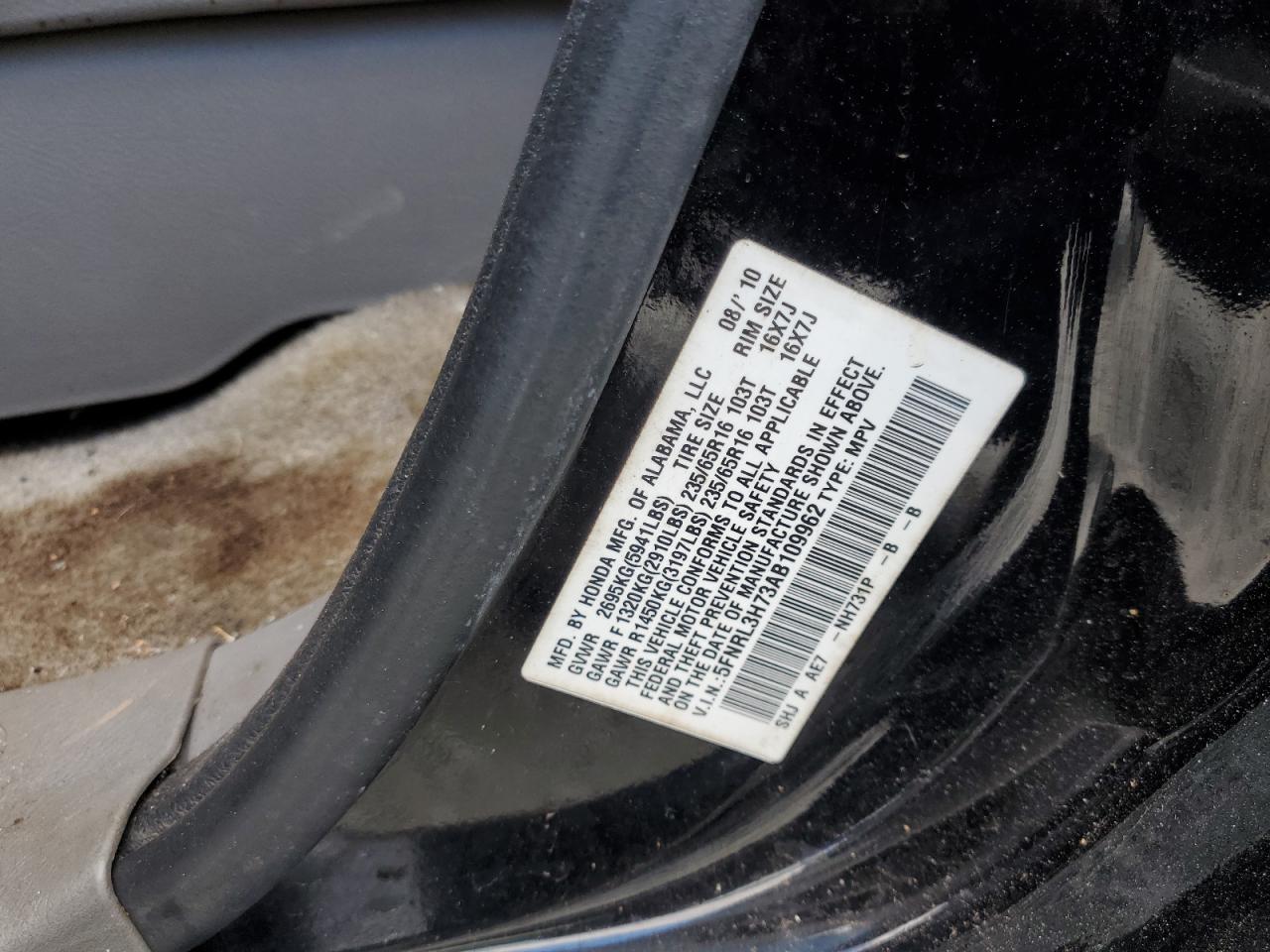 2010 Honda Odyssey VIN 5FNRL3H73AB109962 Copart auction photo, front end / rear end damage thumbnail 13