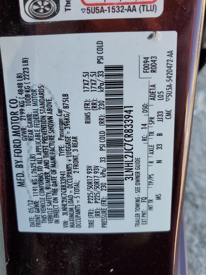 2012 Lincoln MKZ VIN 3LNHL2JC7CR833941 Copart auction photo, rear end damage thumbnail 12