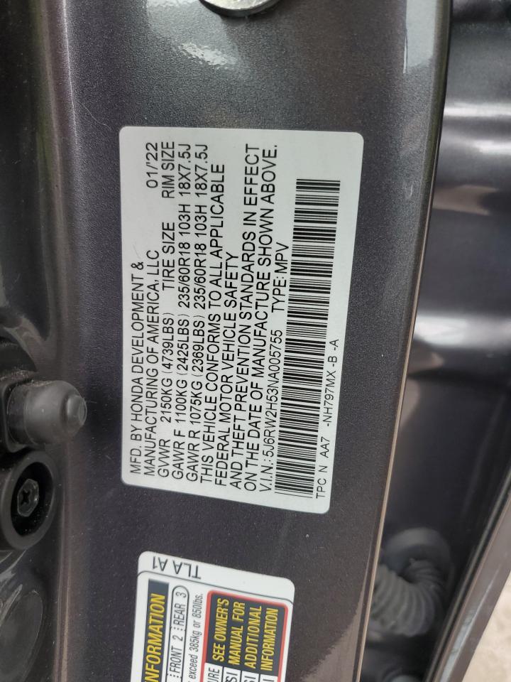 2022 Honda CR-V VIN 5J6RW2H53NA005755 Copart auction photo, side damage thumbnail 13