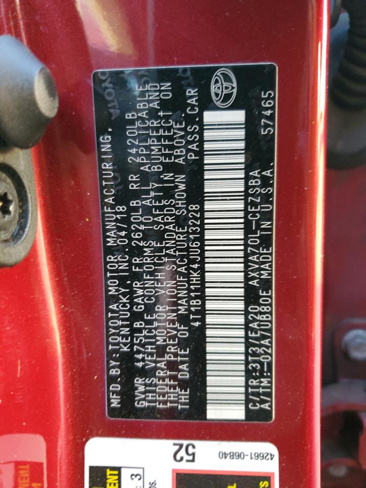 2018 Toyota Camry VIN 4T1B11HK4JU613228 Copart auction photo, vandalism damage thumbnail 13