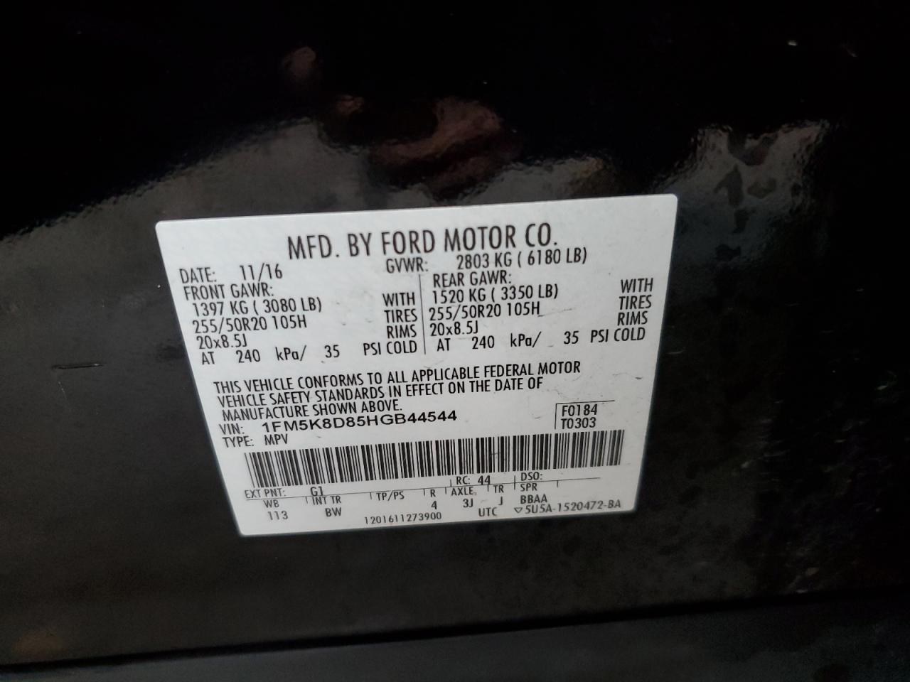 2017 Ford Explorer VIN 1FM5K8D85HGB44544 Copart auction photo, front end / rear end damage thumbnail 15