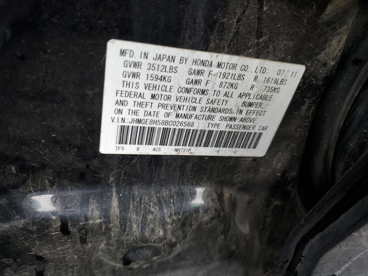 2011 Honda Fit VIN JHMGE8H58BC026568 Copart auction photo, rear end damage thumbnail 12