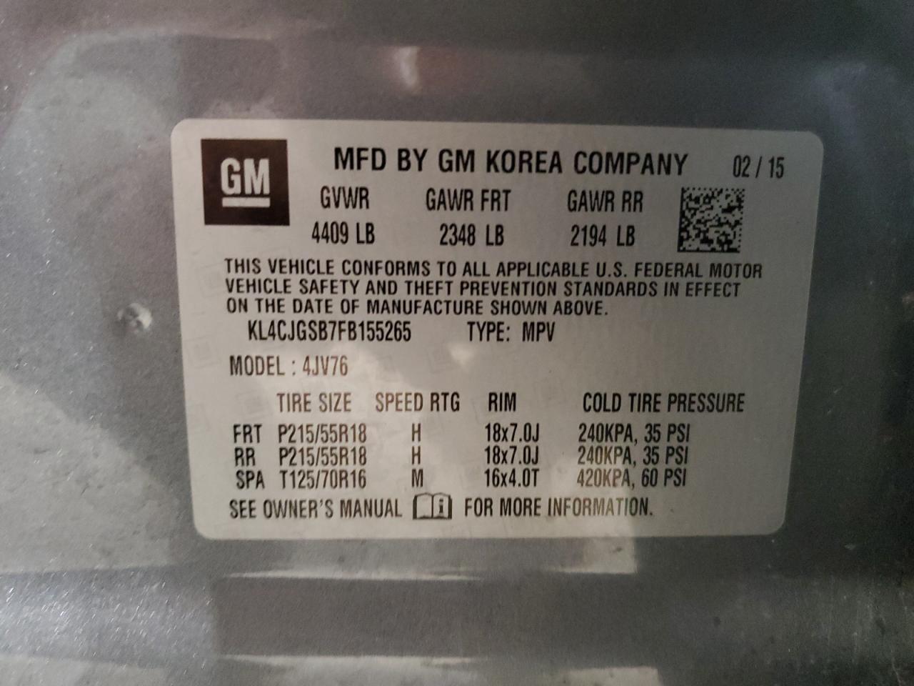 2015 Buick Encore VIN KL4CJGSB7FB155265 Copart auction photo, front end damage thumbnail 13
