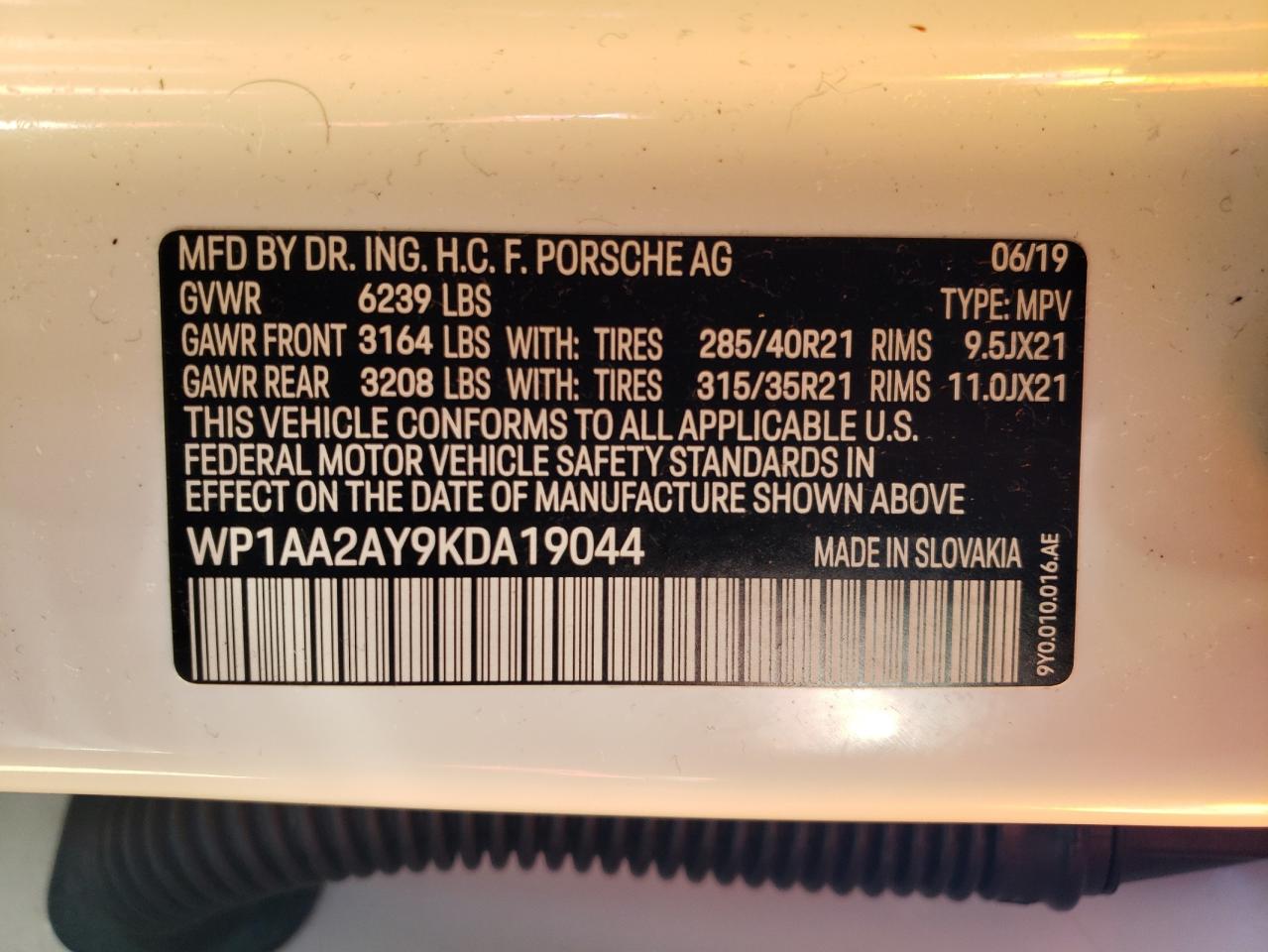 2019 Porsche Cayenne VIN WP1AA2AY9KDA19044 Copart auction photo, rear end damage thumbnail 14