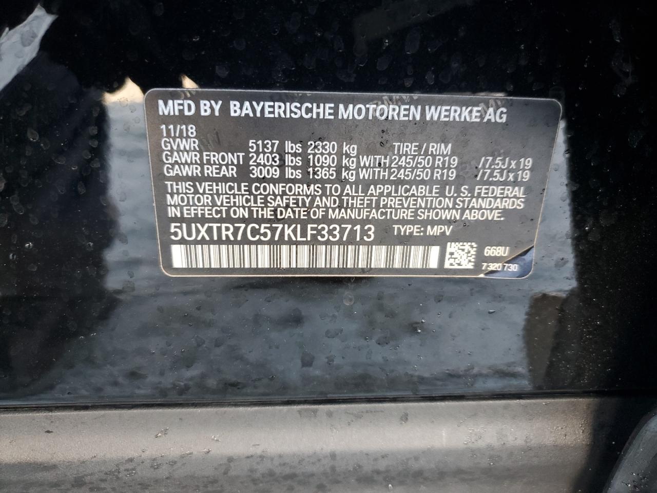 2019 BMW X3 VIN 5UXTR7C57KLF33713 Copart auction photo, side / front end damage thumbnail 13