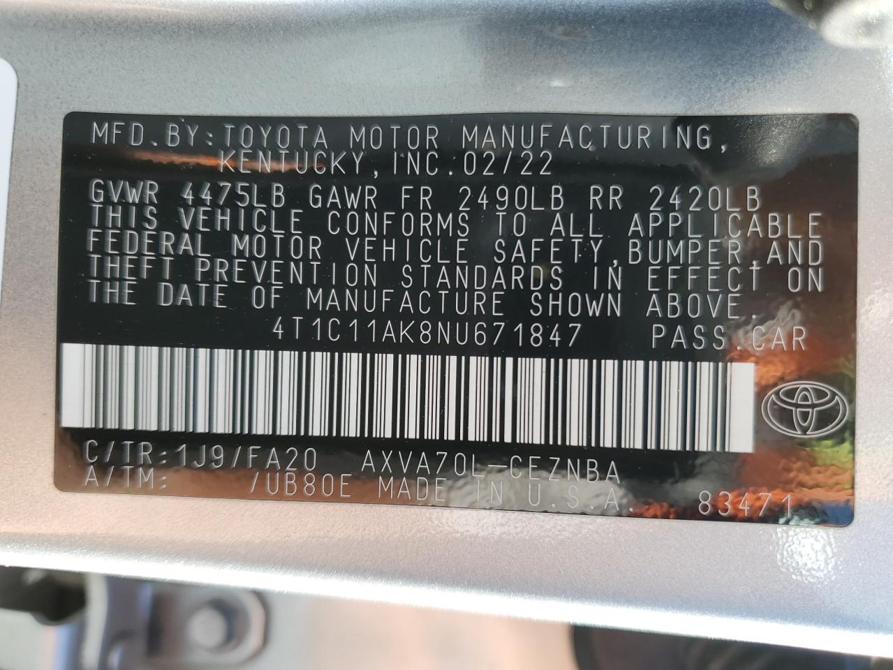 2022 Toyota Camry VIN 4T1C11AK8NU671847 Copart auction photo, front end damage thumbnail 14