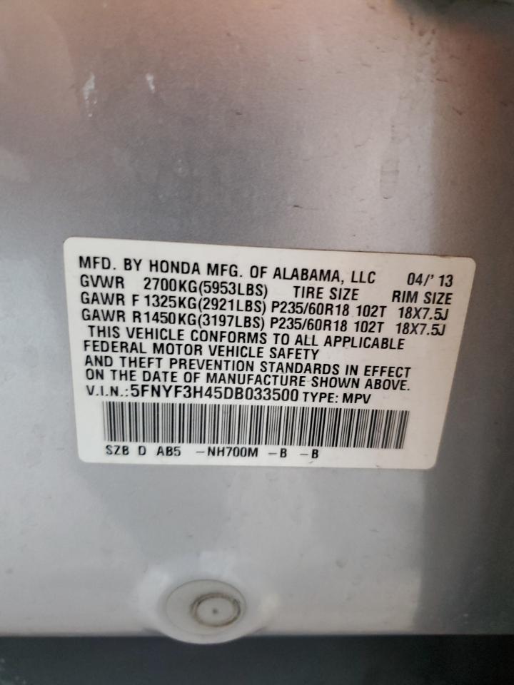 2013 Honda Pilot VIN 5FNYF3H45DB033500 Copart auction photo, front end damage thumbnail 14
