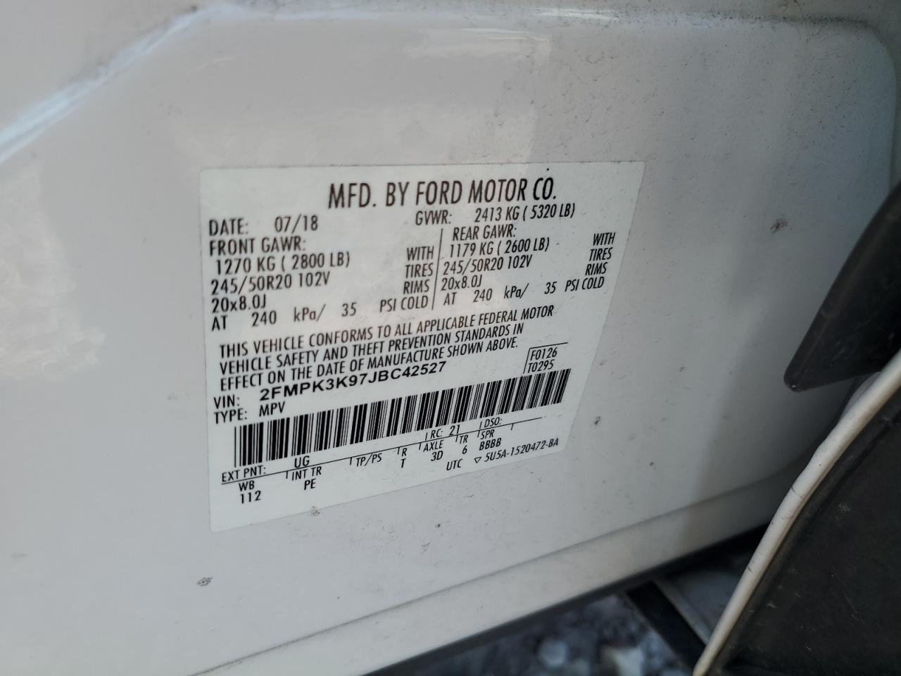 2018 Ford Edge VIN 2FMPK3K97JBC42527 Copart auction photo, front end / side damage thumbnail 13