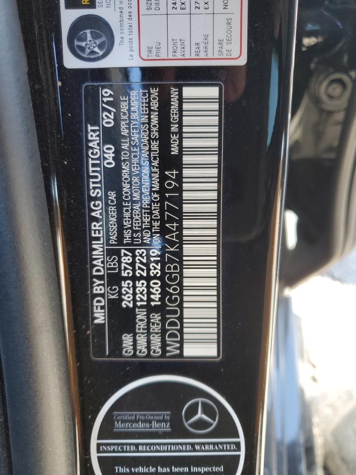 2019 Mercedes-Benz S-klasse VIN WDDUG6GB7KA477194 Copart auction photo, front end / side damage thumbnail 12