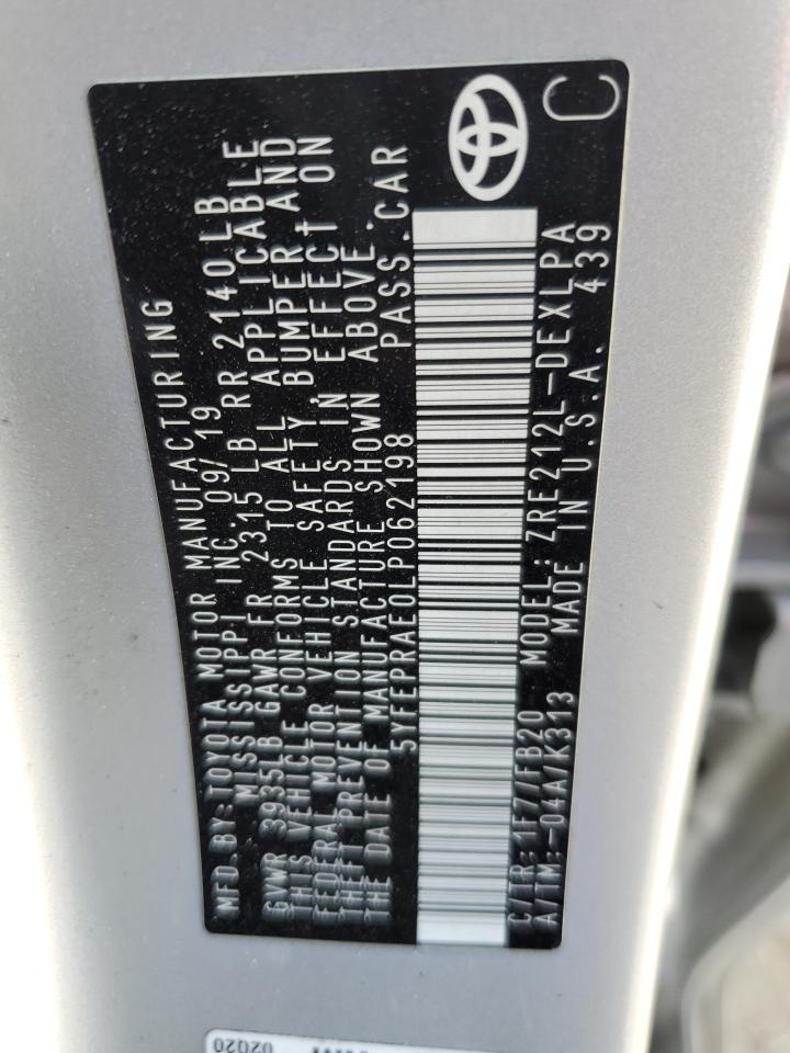 2020 Toyota Corolla VIN 5YFEPRAE0LP062198 Copart auction photo, side / minor dent/scratches damage thumbnail 12