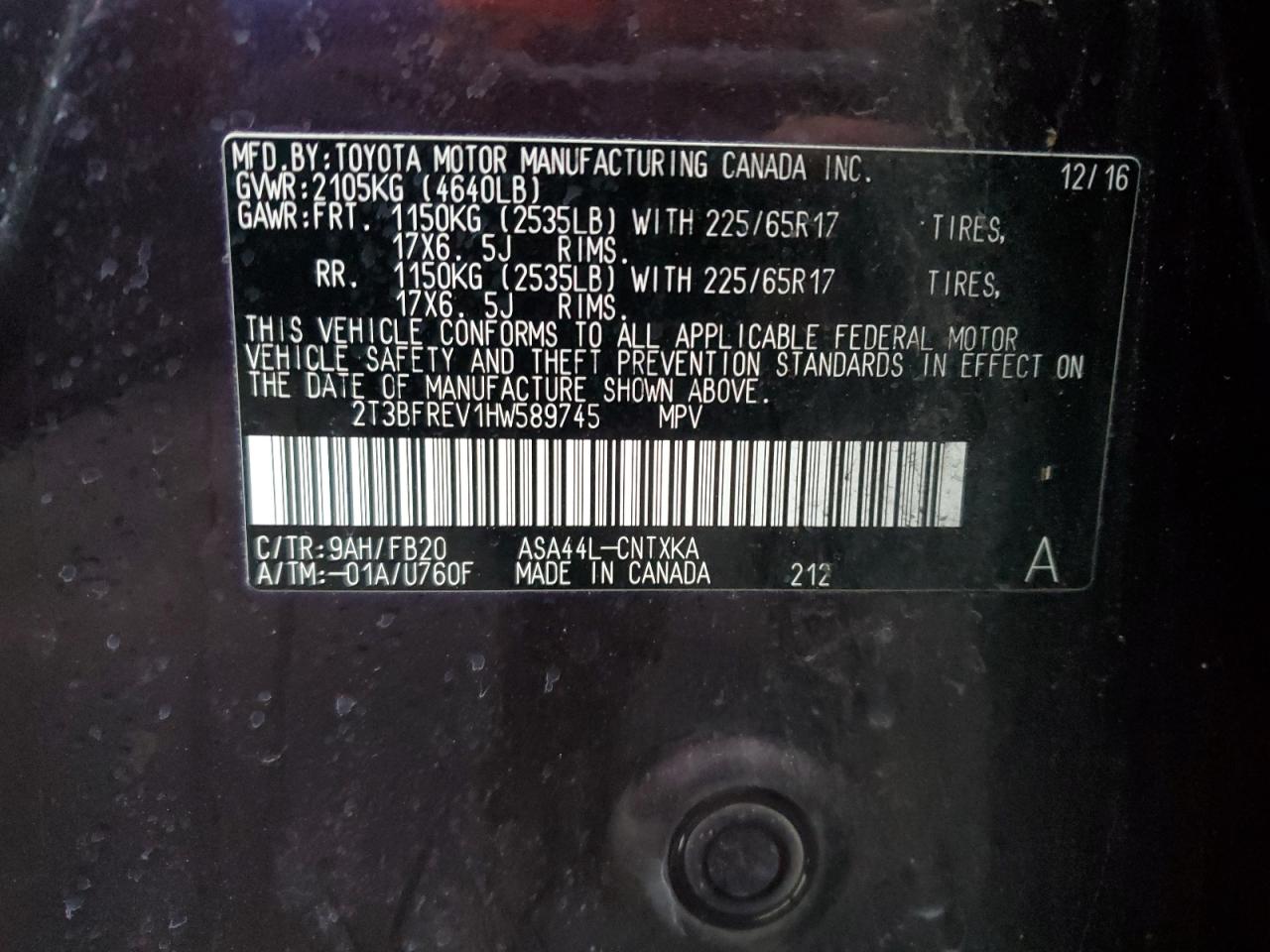 2017 Toyota RAV 4 VIN 2T3BFREV1HW589745 Copart auction photo, rear end damage thumbnail 13