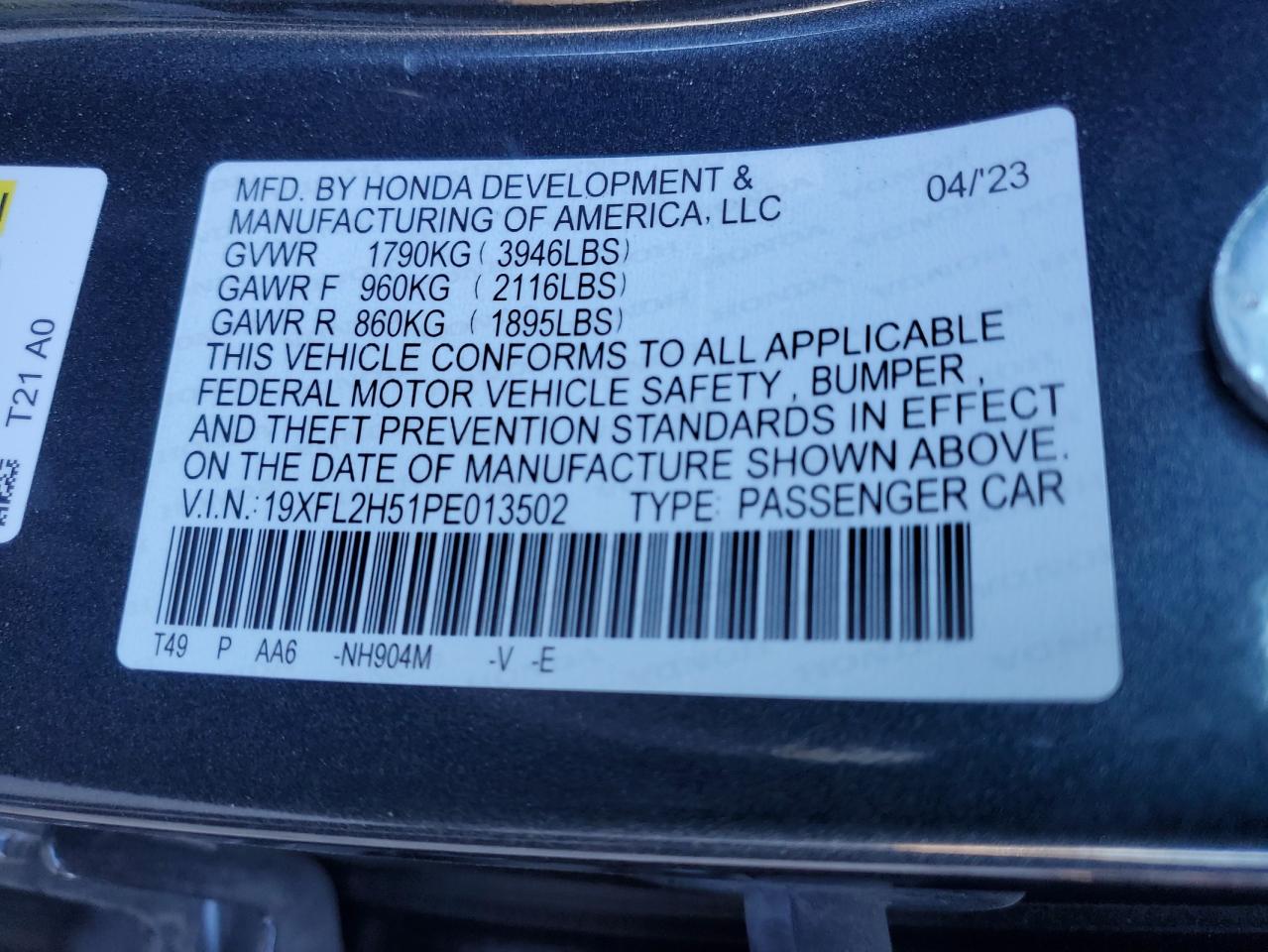 2023 Honda Civic VIN 19XFL2H51PE013502 Copart auction photo, side / undercarriage damage thumbnail 12