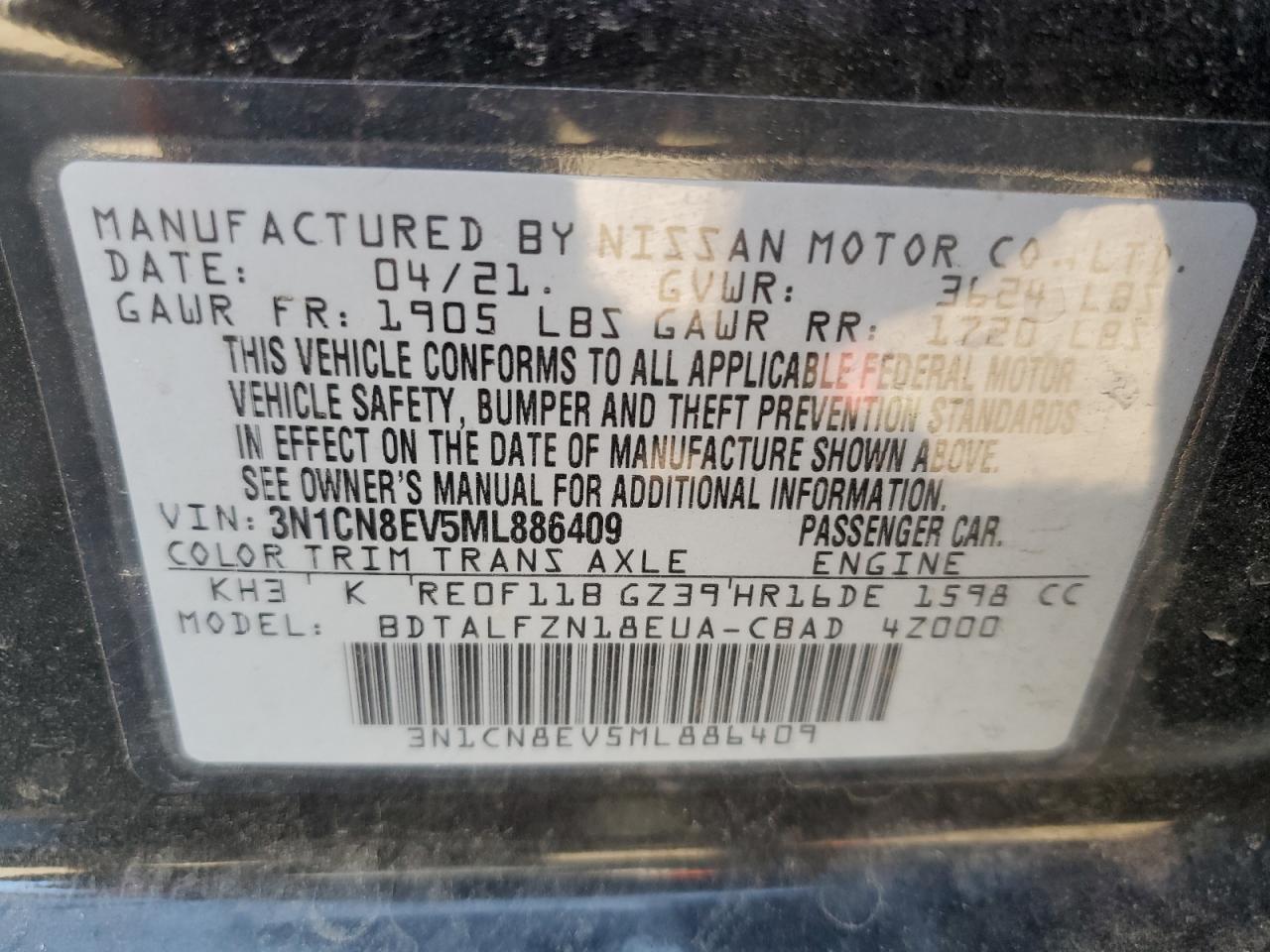2021 Nissan Versa VIN 3N1CN8EV5ML886409 Copart auction photo, front end damage thumbnail 14