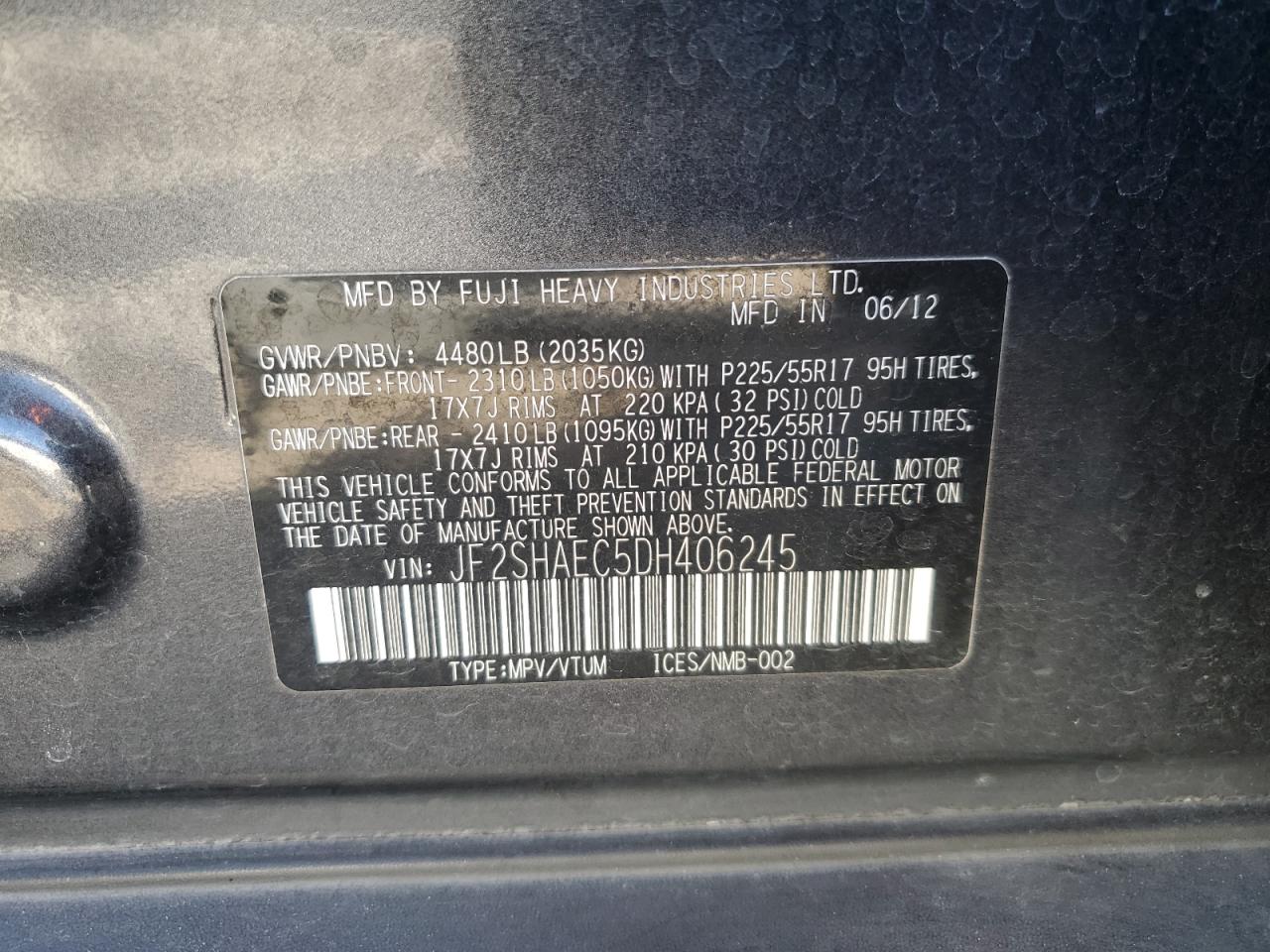 2013 Subaru Forester VIN JF2SHAEC5DH406245 Copart auction photo, front end / rear end damage thumbnail 15