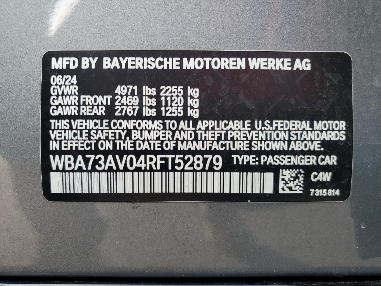 2024 BMW 4er VIN WBA73AV04RFT52879 Copart auction photo, front end / undercarriage damage thumbnail 13