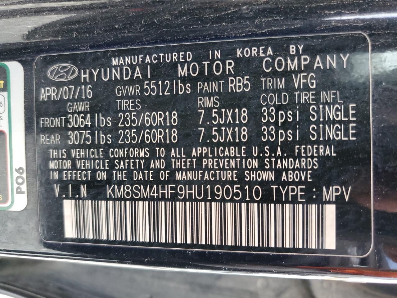2017 Hyundai Santa Fe VIN KM8SM4HF9HU190510 Copart auction photo, undercarriage / front end damage thumbnail 13