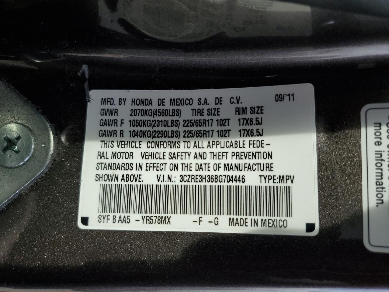 2011 Honda CR-V VIN 3CZRE3H36BG704446 Copart auction photo, front end damage thumbnail 13