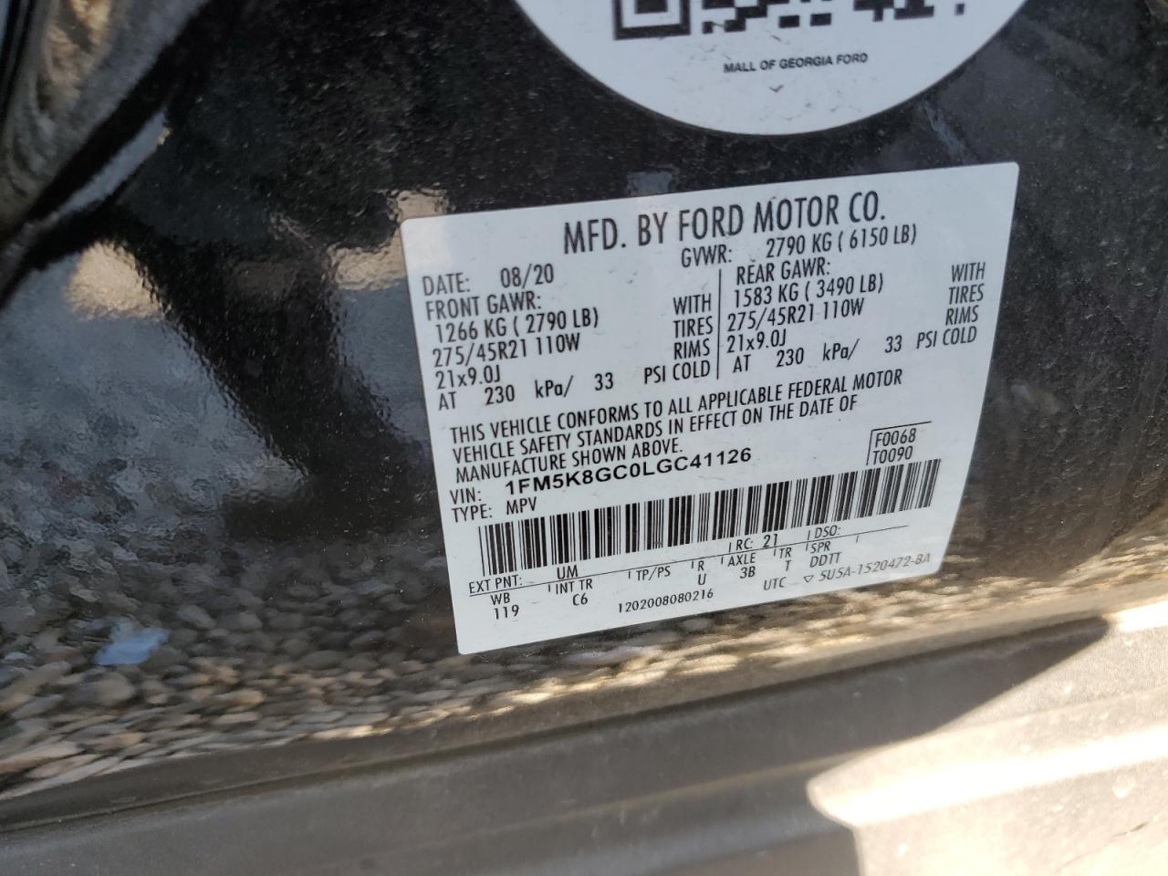 2020 Ford Explorer VIN 1FM5K8GC0LGC41126 Copart auction photo, all over damage thumbnail 16