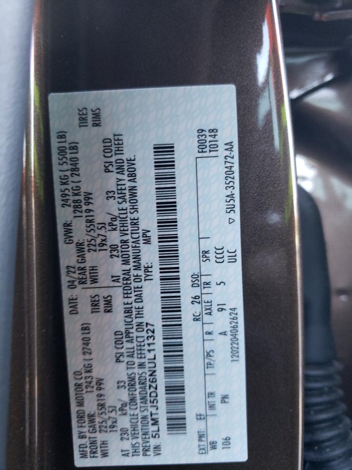 2022 Lincoln Corsair VIN 5LMTJ5DZ6NUL11327 Copart auction photo, front end damage thumbnail 15