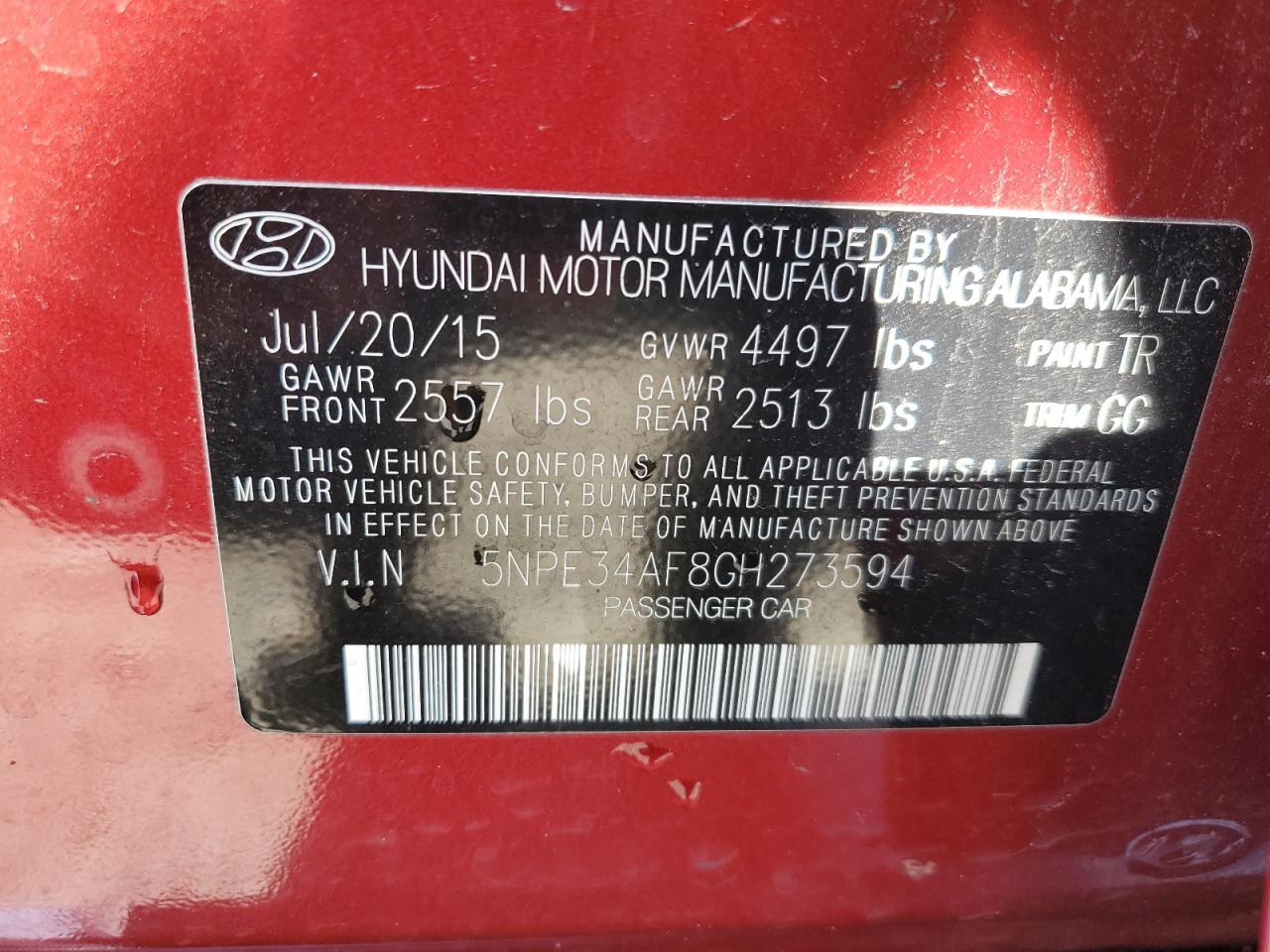 2016 Hyundai Sonata VIN 5NPE34AF8GH273594 Copart auction photo, side / front end damage thumbnail 12