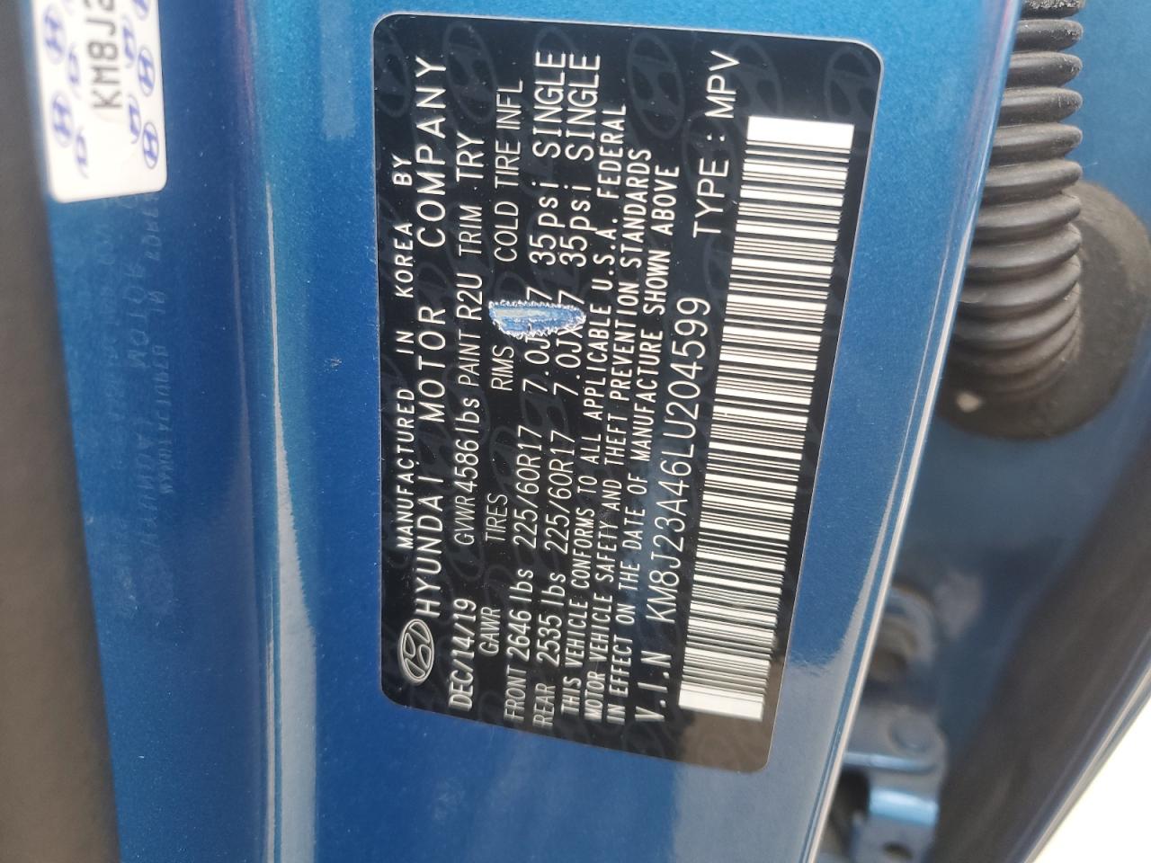 2020 Hyundai Tucson VIN KM8J23A46LU204599 Copart auction photo, vandalism damage thumbnail 13