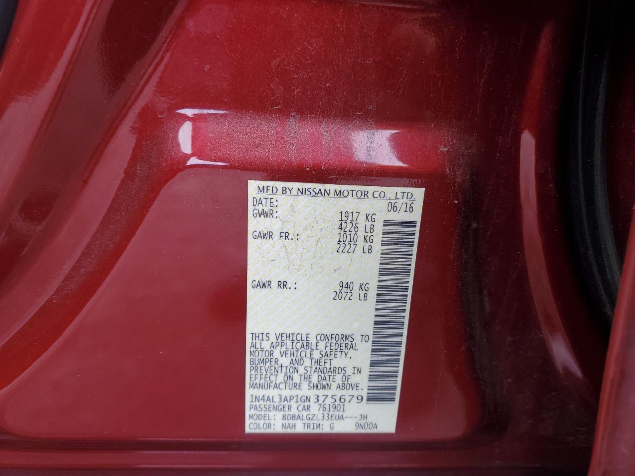 2016 Nissan Altima VIN 1N4AL3AP1GN375679 Copart auction photo, front end / undercarriage damage thumbnail 14