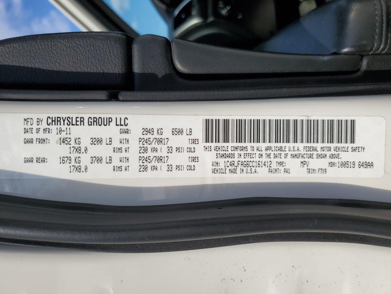 2012 Jeep Grand Cherokee VIN 1C4RJFAG6CC161412 Copart auction photo, front end damage thumbnail 15