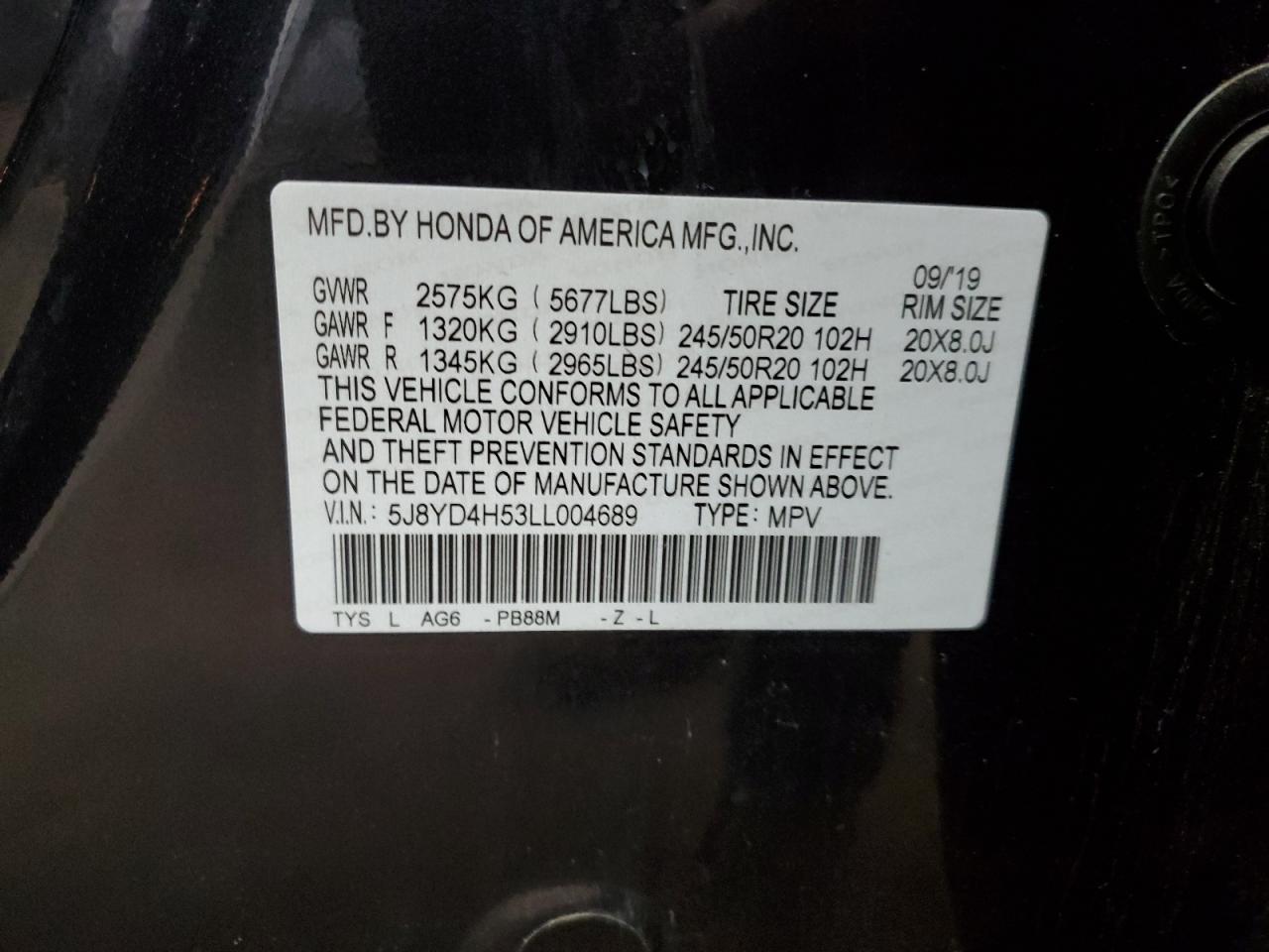 2020 Acura MDX VIN 5J8YD4H53LL004689 Copart auction photo, front end / side damage thumbnail 14