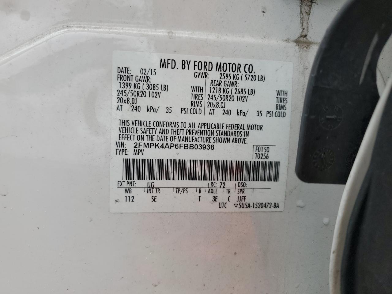 2015 Ford Edge VIN 2FMPK4AP6FBB03938 Copart auction photo, minor dent/scratches damage thumbnail 13