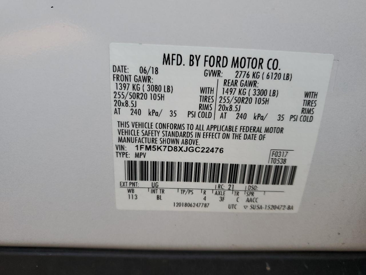 2018 Ford Explorer VIN 1FM5K7D8XJGC22476 Copart auction photo, rear end damage thumbnail 13