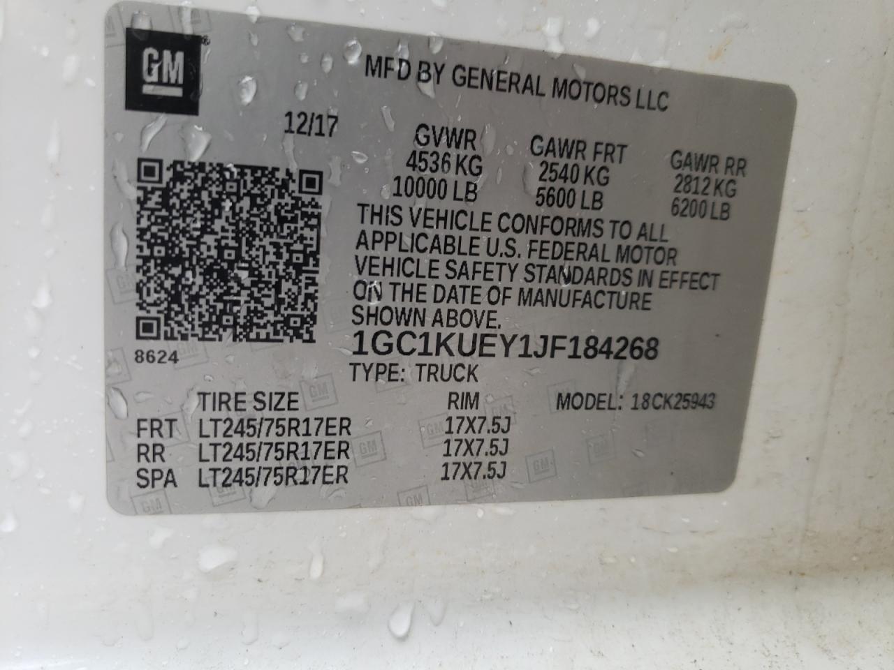 2018 Chevrolet Silverado VIN 1GC1KUEY1JF184268 Copart auction photo, rear end damage thumbnail 12