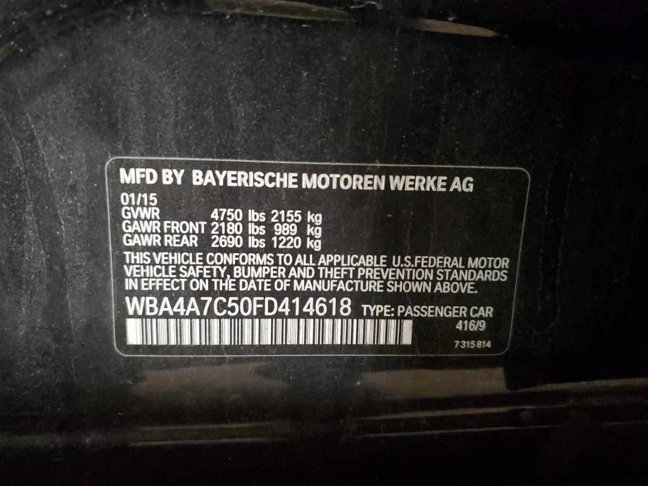 2015 BMW 4er VIN WBA4A7C50FD414618 Copart auction photo, front end damage thumbnail 12